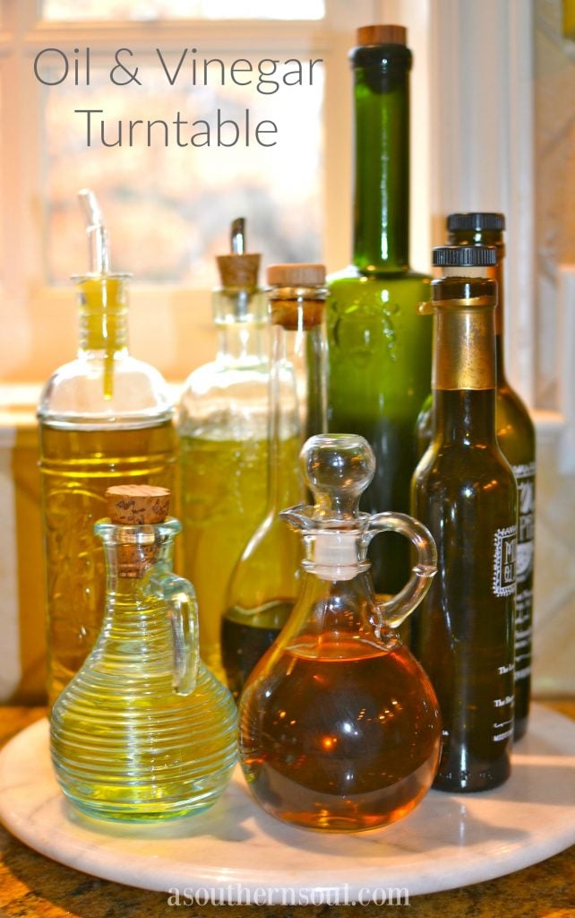 lazy susan, olive oil, vinegar, kitchen help