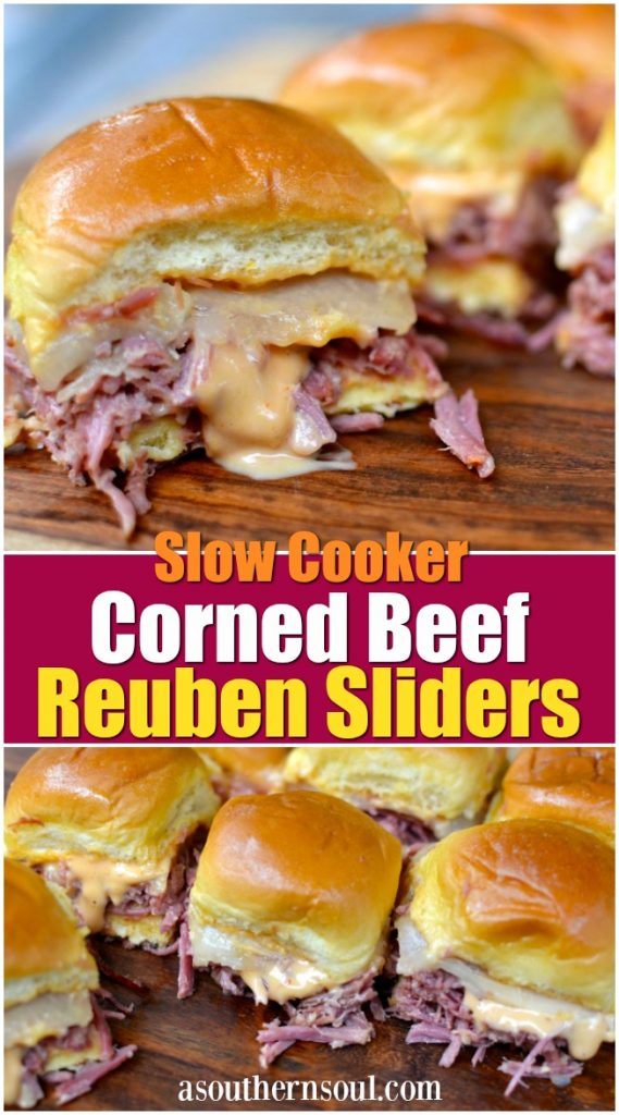 Slow cooker corned beef Reuben sliders made with tender beef, cheese and 1000 Island dressing is a family favorite dish!