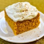 Tender, fluffy pumpkin cake squares topped with sweet, cream cheese frosting are easy to make and yummy to eat!