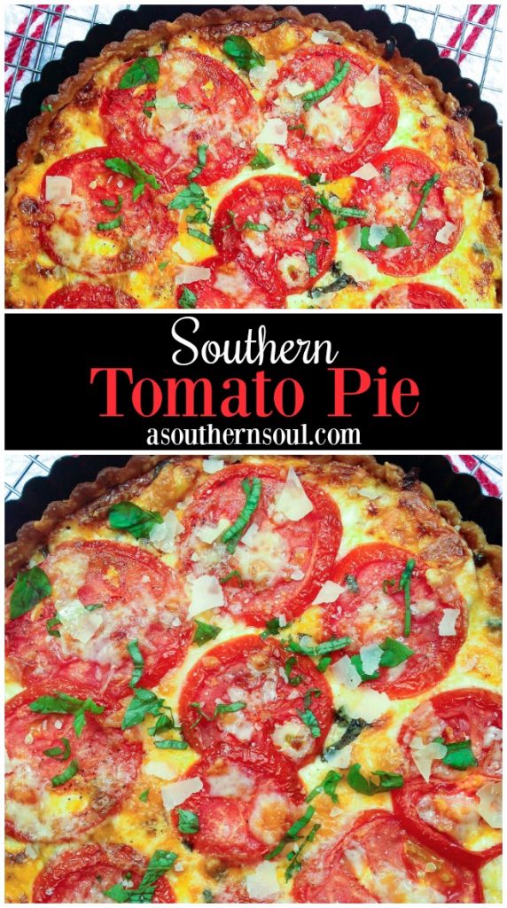Southern Tomato Pie is a classic summertime dish. Layers of tomatoes, cheese, pesto, herbs and onions are baked in a flaky crust for a savory pie that's downright scrumptious.