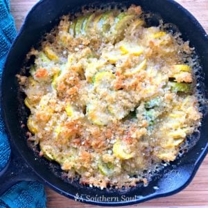 squash casserole in cast iron skillet