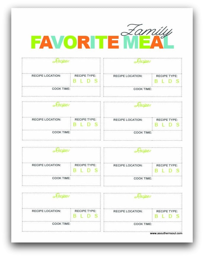 family favorite meals printable