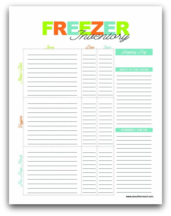 freezer inventory sheet from a southern soul