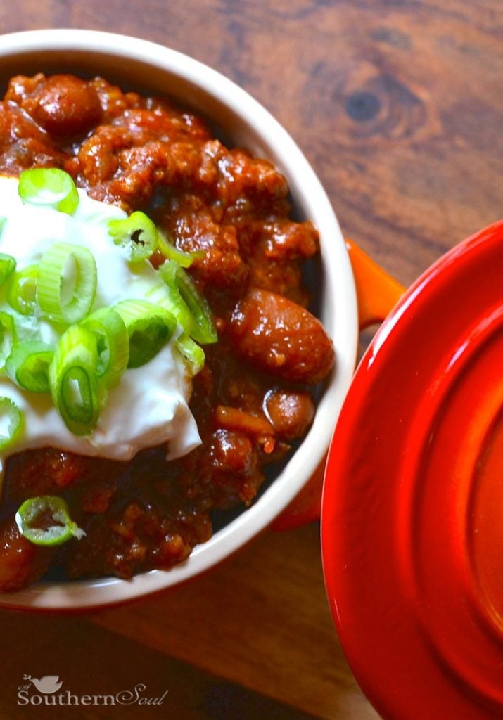 Award winning chili with meat and beans.