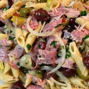 italian pasta salad with meats and cheese and olive oil dressing