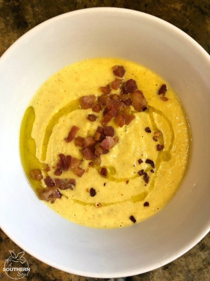 turmeric roasted cauliflower soup with pancetta