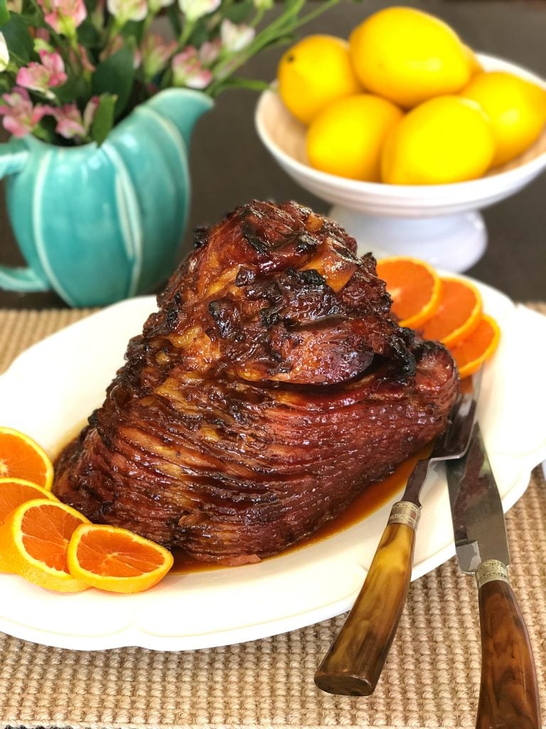 citurs and molasses glazed spiral cut ham