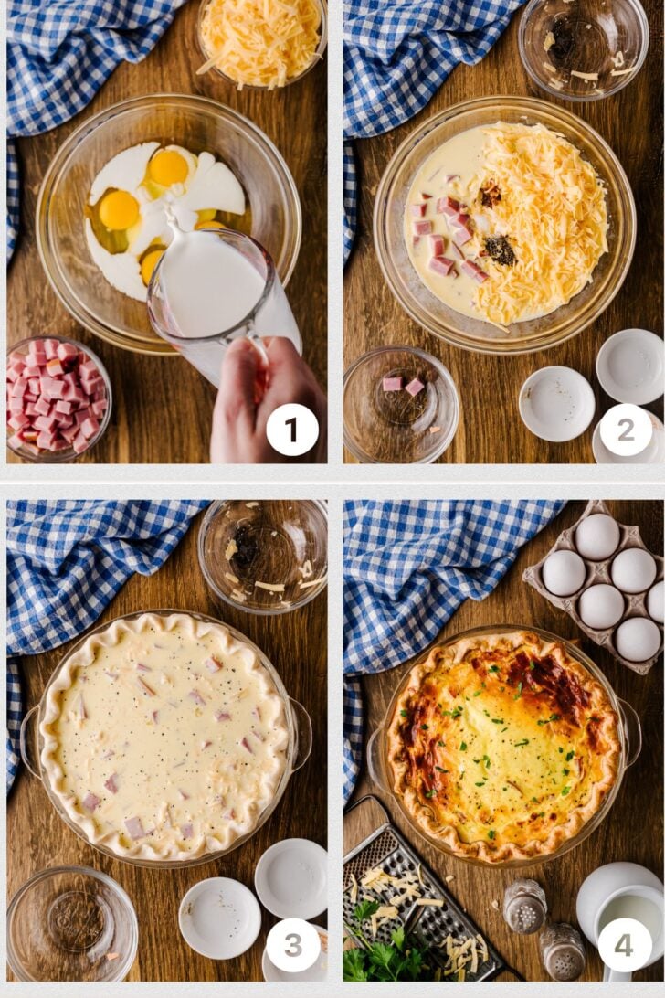 चार-चरणीय प्रक्रिया कोलाज में फेंटा हुआ अंडा कस्टर्ड, हैम और पनीर को क्रस्ट में मिलाया जाता है, जो ओवन में जाता है, और तैयार क्विक सेट और सुनहरा दिखाई देता है।