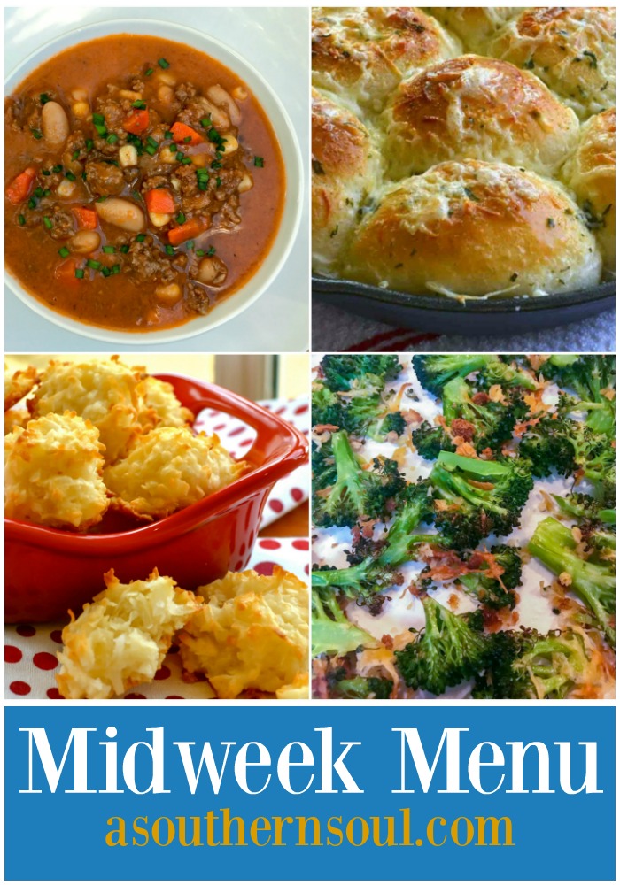 Midweek Menu #20 with slow cooker beef and bean soup, roasted broccoli, garlic rolls made in a cast iron skillet and coconut macaroons makes it easy to get a delicious supper on the table.