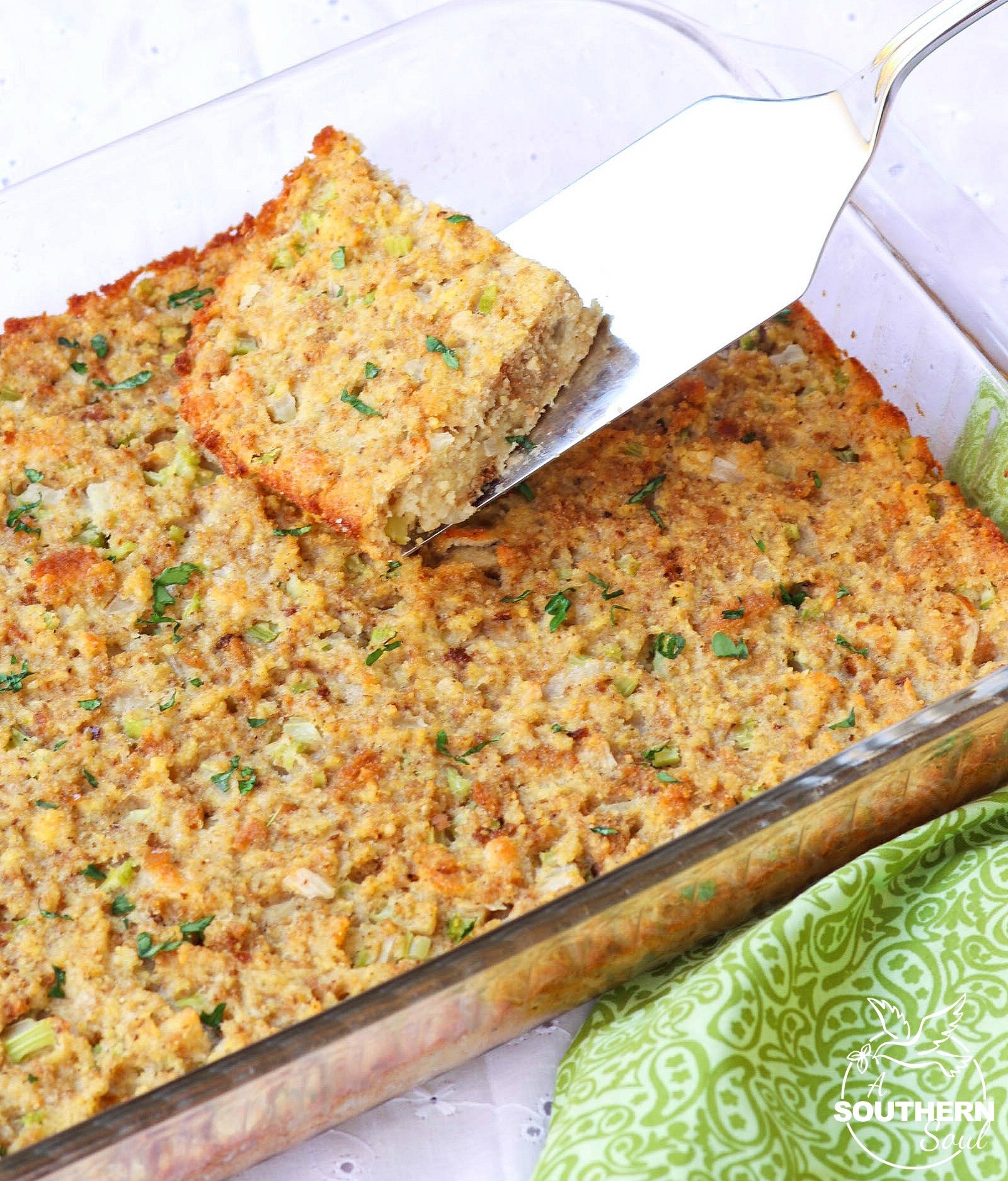 Southern Cornbread Dressing with celery, onions and just the right amount of seasoning is a tradition during the holidays that can't be missed.
