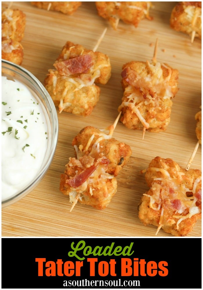 Tater Tots made into loaded little appetizer bites are a great appetizer or snack. Topped with cheese & bacon then dipped into creamy sour cream, they become a savory treat everyone will love.