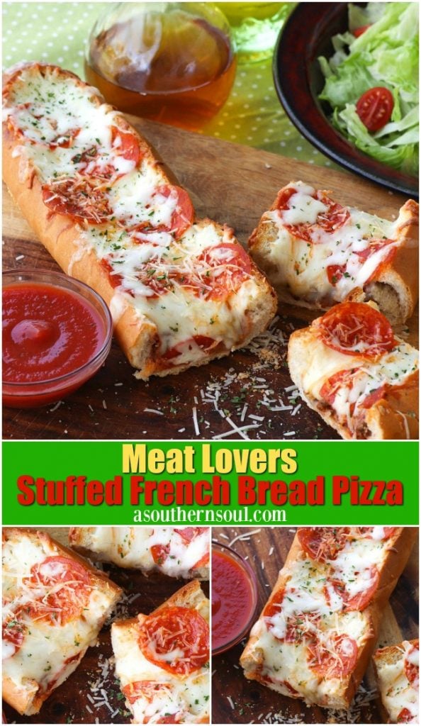 Meat Lovers Stuffed French Bread Pizza is easy to make and loaded with flavor. Hamburger and pepperoni along with two kinds of gooey cheese make this a recipe perfect for a weeknight meal or for game day!