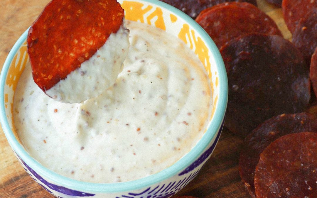 Salami Chips with Mustard Horseradish Dip