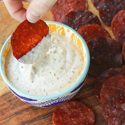 Salami Chips with Mustard Horseradish Dip