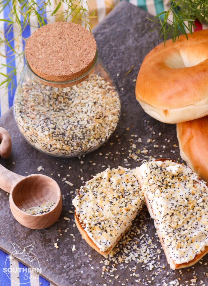 Everything bagel seasoning with garlic, onion, salt, poppy & sesame seeds is a savory blend perfect for sprinkling on all your favorite foods!