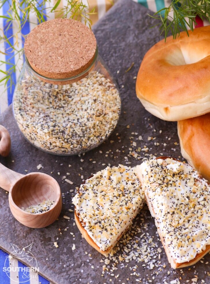 Everything bagel seasoning with garlic, onion, salt, poppy & sesame seeds is a savory blend perfect for sprinkling on all your favorite foods!
