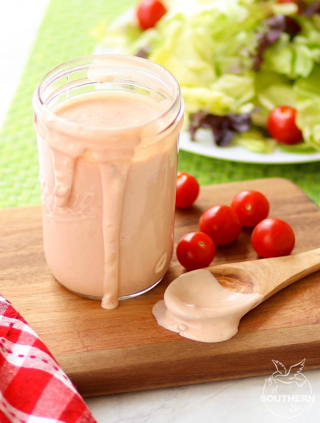 Classic 1000 Island Dressing made with mayonnaise, ketchup, relish and onion is a great topping for salads and is also a yummy dip!