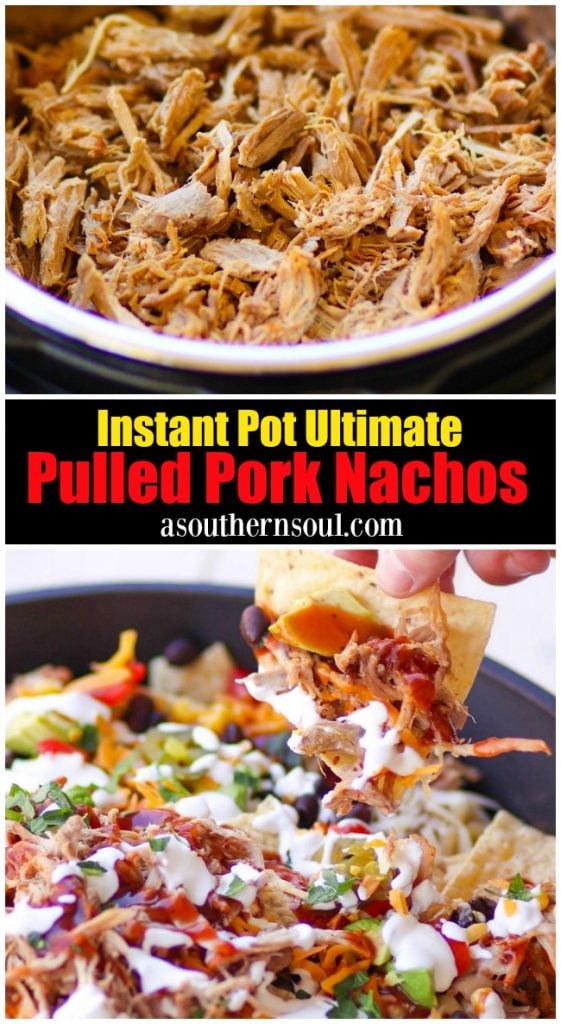 Pulled Pork cooked in the Instant Pot is tender and juice. It's then turned into nachos loaded with cheese, beans, corn, peppers, avocado, BBQ sauce and sour cream for a dish that is out of this world!