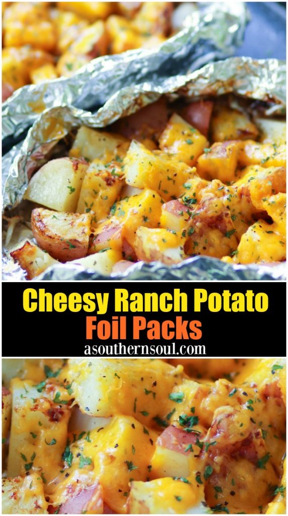 Red potatoes flavored with ranch seasoning then cooked on the grill in foil packets are loaded with cheese for a side dish that is perfect for any cookout or BBQ!
