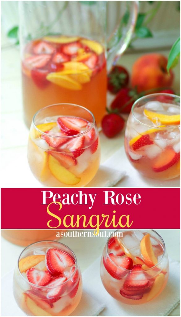 Rose sangria flavored with peach schnapps, peach juice with fresh fruit is a cool drink that's excellent for summertime!,