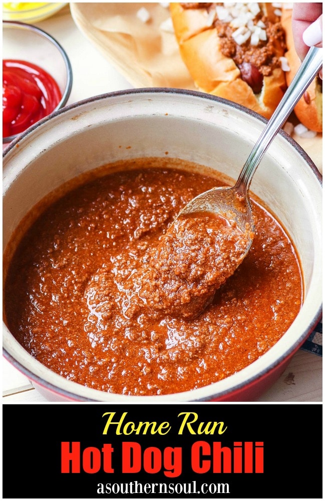 Home Run Hot Dog Chili is the best topping for your grilled dogs. Made with ground beef, herbs and spices for a savory recipe that's easy to make.