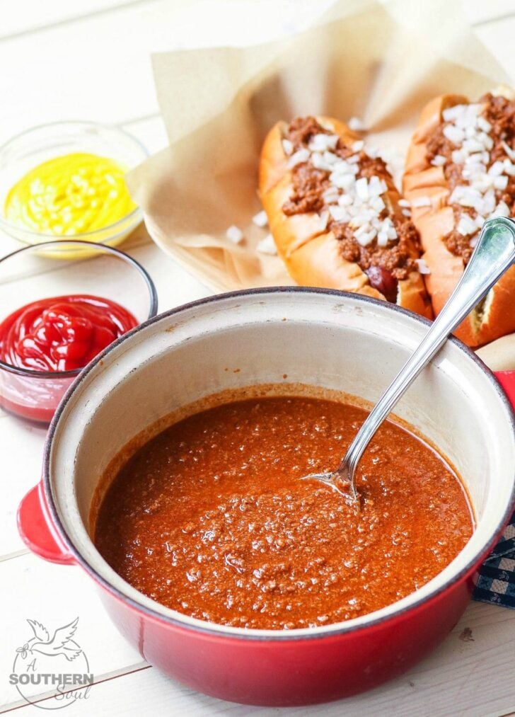 Home Run Hot Dog Chili is the best topping for your grilled dogs. Made with ground beef, herbs and spices for a savory recipe that's easy to make.