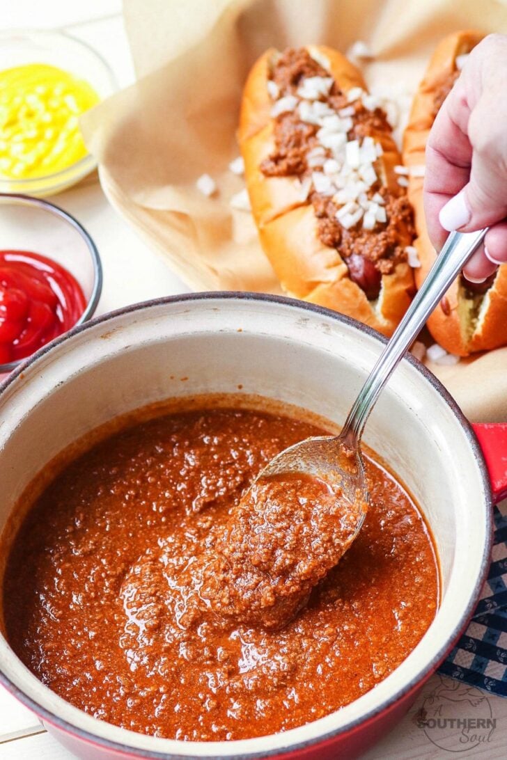 Home Run Hot Dog Chili is the best topping for your grilled dogs. Made with ground beef, herbs and spices for a savory recipe that's easy to make.
