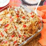 Taco Spaghetti Bake is an easy to make casserole made with ground beef, taco seasoning, pasta and cheese that's a family favorite dish!