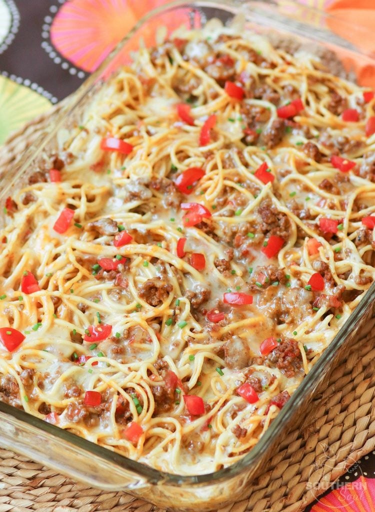 Taco Spaghetti Bake is an easy to make casserole made with ground beef, taco seasoning, pasta and cheese that's a family favorite dish!