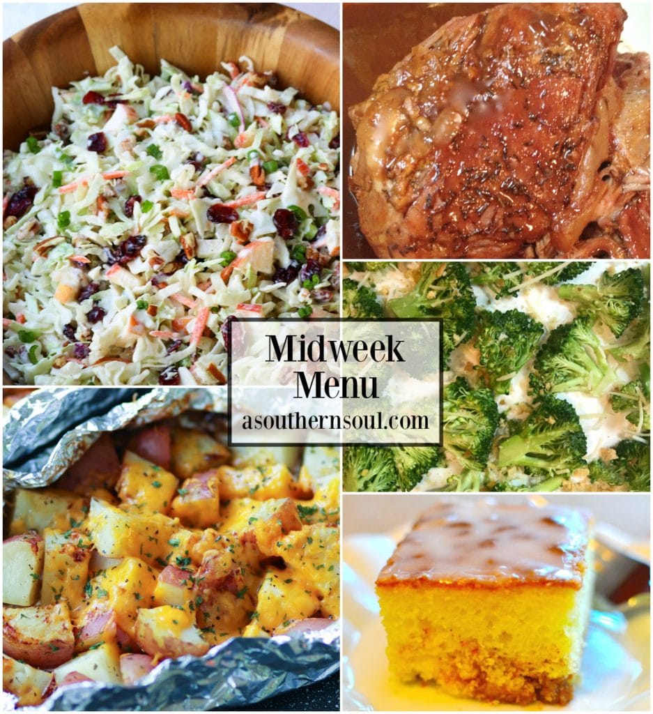 Midweek Menu #59 features Cranberry Pecan Slaw, Slow Cooker Brown Sugar Balsamic Pork Roast, Cheesy Ranch Potatoes in Foul Packs, Roasted Broccoli and Honey Bun Cake.