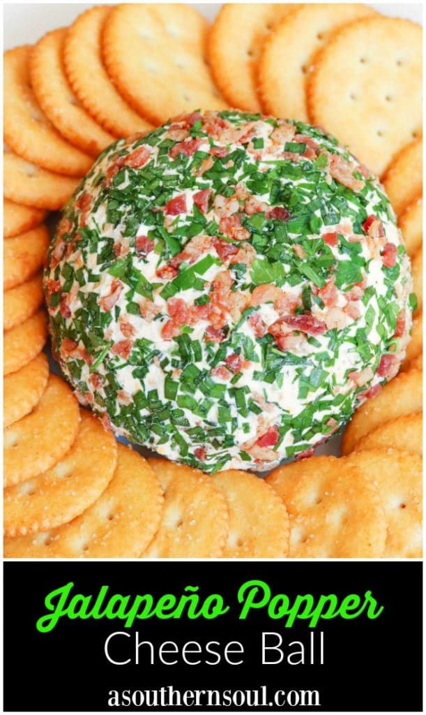 Jalapeno Popper Cheese Ball made with cream cheese, jalapenos, cheddar cheese, ranch seasoning, bacon and chives is an easy to make crowd please appetizer!