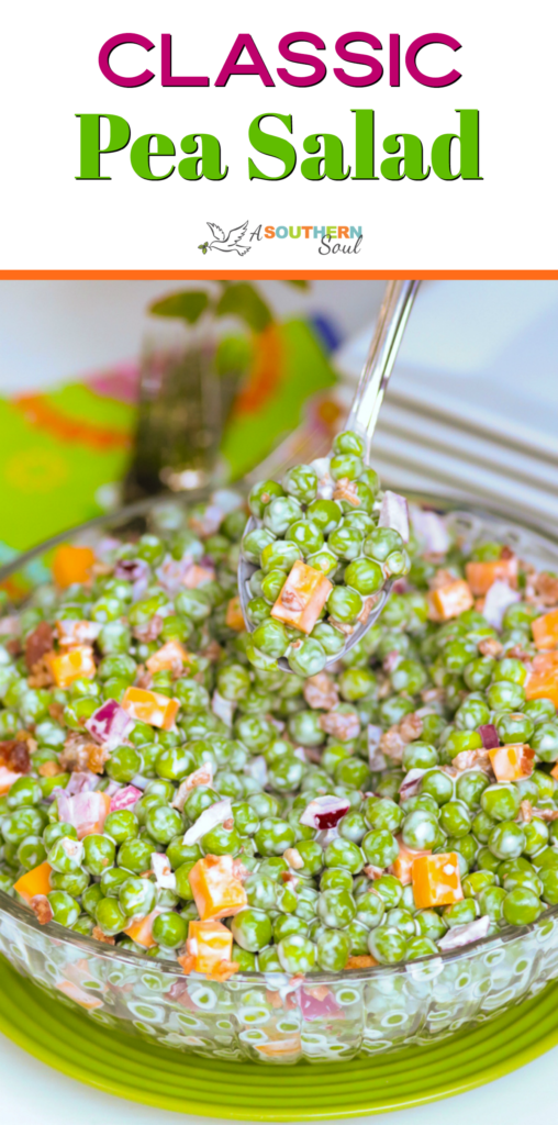 Classic Pea Salad is fresh and easy to make. With frozen peas, cheese, red onion all tossed into a light dressing.