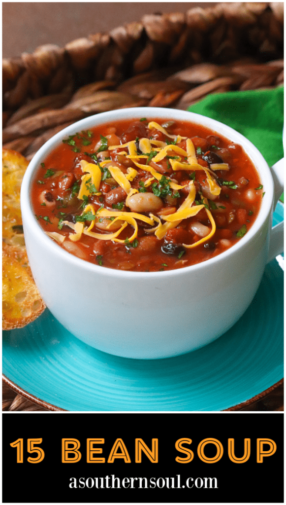 15 Bean Soup made with protein packed bean cooked in vegetable stock with crushed tomatoes, onions, garlic and seasonings is a bowl full of comfort!