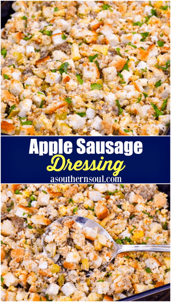 Apple Sausage Dressing is an easy to make recipe that's perfect for the holidays. Made with apples, sausage, herbs, spices and two kinds of bread, this side is great with turkey, pork and ideal served with gravy.