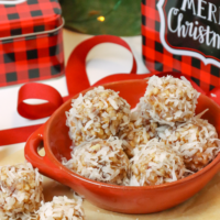 Coconut Date Balls with gift tins are the perfect Christmas treat for friends. A no-bake, easy recipe made with butter, dates, pecans, rice cereal and coconut. This healthy cookie is always a favorite at the holidays.