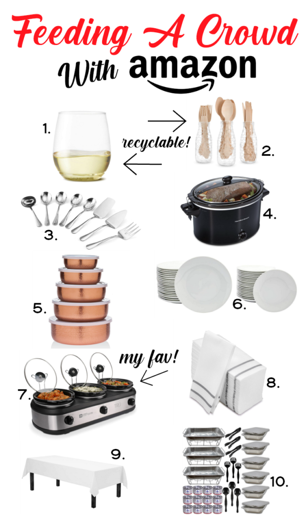 Feeding A Crowd With Amazon. Plates, utensils, serving pieces, napkins, slow cookers and containers are helpful tools that make entertaining easy.
