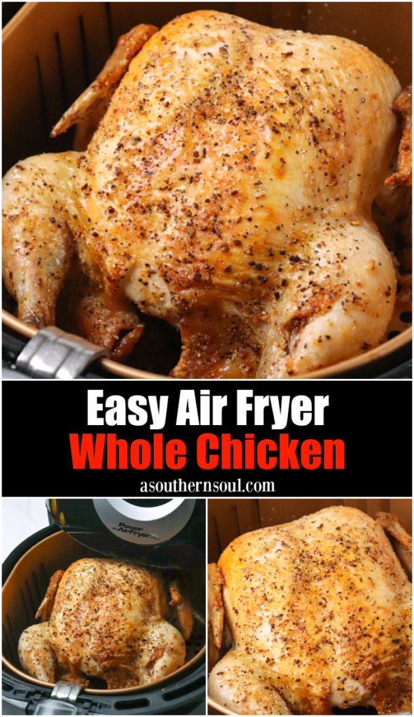 Easy to make Air Fryer Whole Chicken flavored with Montreal Steak Seasoning. Cooked in 50 minutes is tender and juicy with a crispy, flavor packed skin.