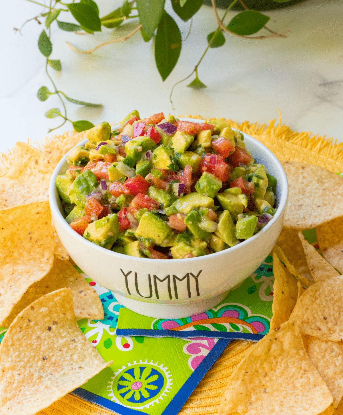 Avocado Salsa made with fresh avocado, tomatoes, jalapenos, red onion then tossed in a light dressing of lime, olive oil, garlic powder, salt and pepper. This is the perfect dip to serve at your next party and it's also delicious served with fish or chicken.