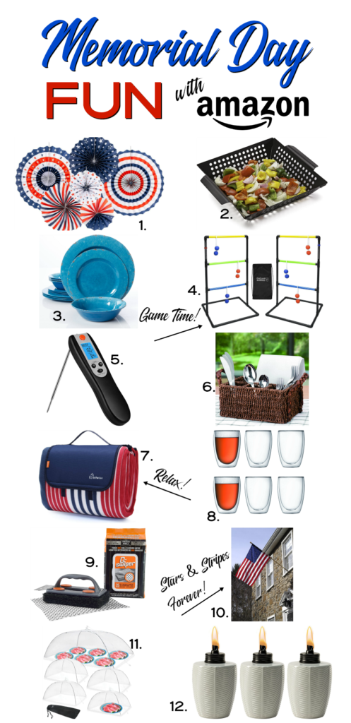 Memorial Day Fun with Amazon includes red, white and blue decorations, dining plates and cups, grill accessories, food covers and tiki torches.