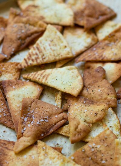 Homemade Pita chips made with store bought pita bread, olive oil, salt or za'atar. They are perfect for all your dips or for snacking.