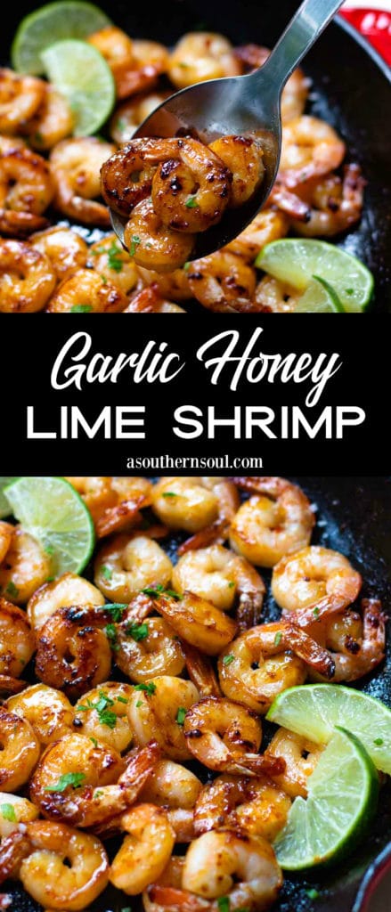 Garlic Honey Lime Shrimp are easy to make in just 15 minutes! Made with peeled, deveined shrimp, olive oil, red pepper flakes, salt, pepper, honey, and fresh lime juice. Perfect for an appetizer or a main dish.