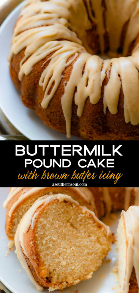 Buttermilk Pound Cake with brown butter icing on a plate with a silver cake cutter.