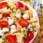 A bowl full of the best Caprese Pasta salad is fresh and easy to make.