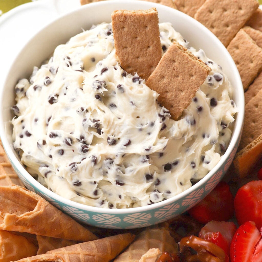 Chocolate Chip Cheesecake Dip served with fruit and cookies