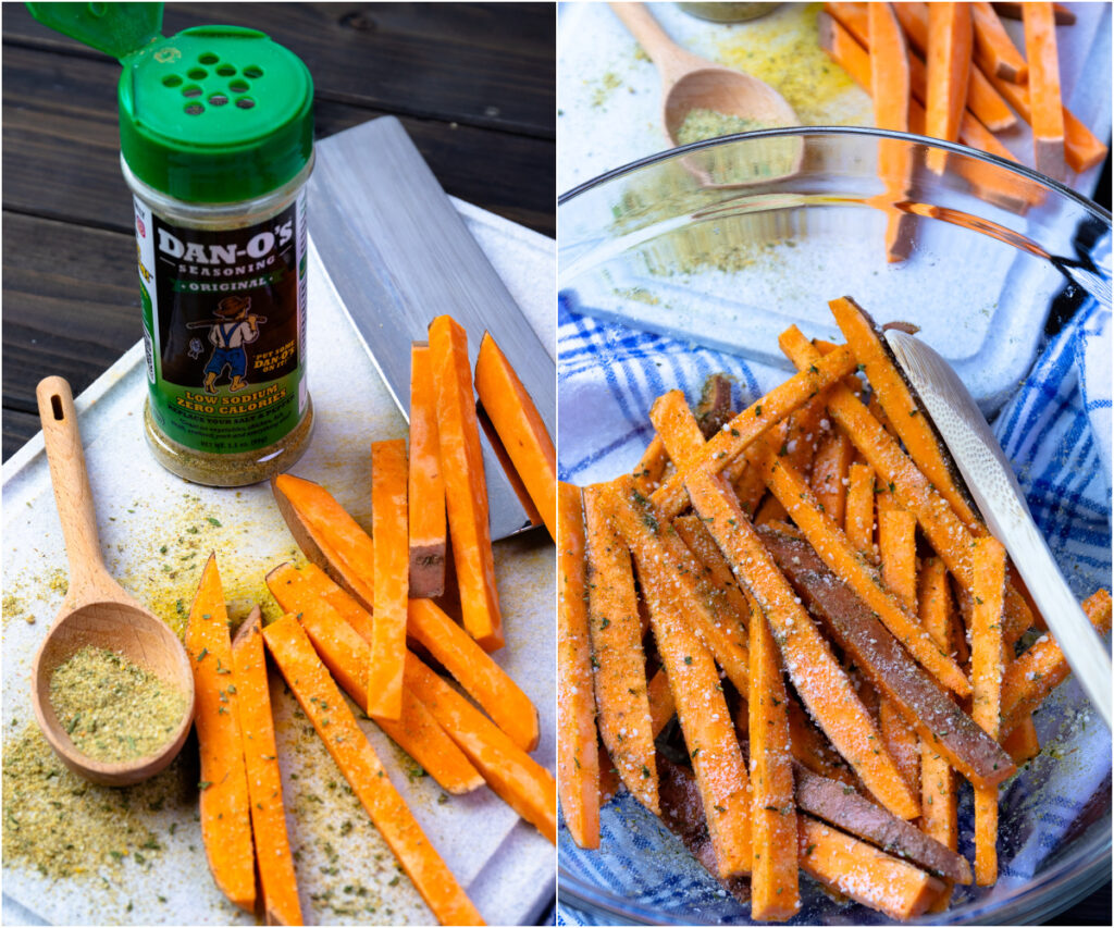 2 photos of cut sweet potatoes for cooking in the air fryer.