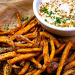 Air Fried Sweet Potatoes with spicy dipping sauce made with Dan-O seasoning