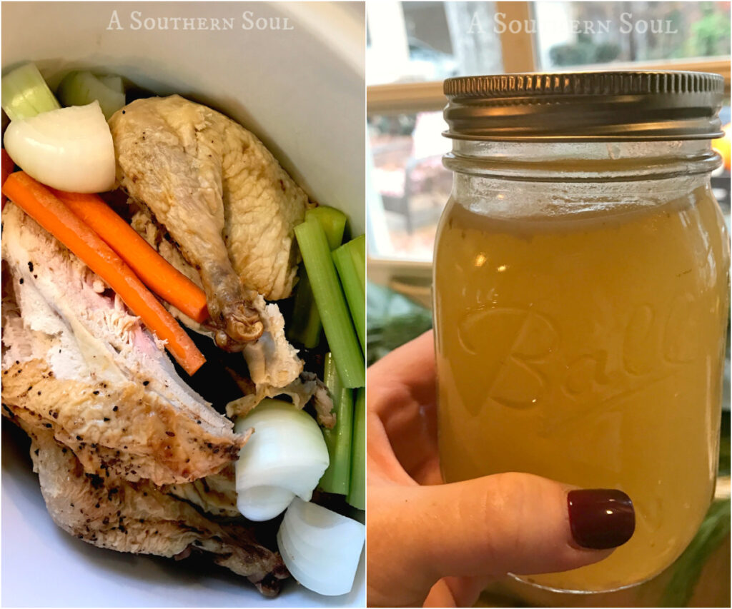 chicken broth made with leftover chicken in the crock pot