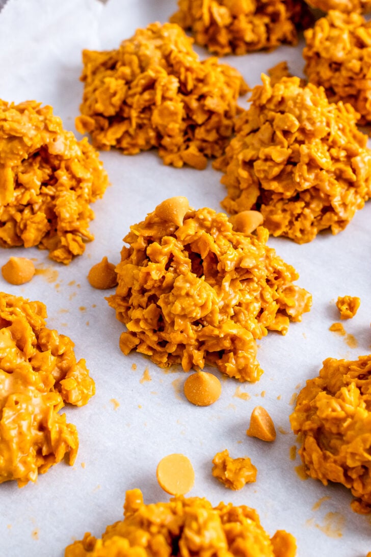 Butterscotch cookies on a parchment lined baking sheet.