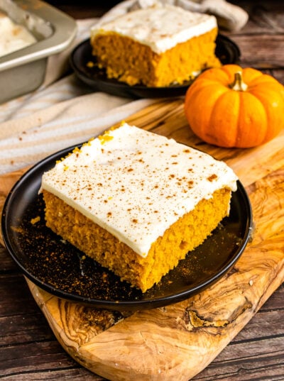 Scratch made Pumpkin Snack Cake with cream cheese frosting.