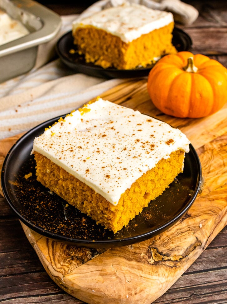 Scratch made Pumpkin Snack Cake with cream cheese frosting.